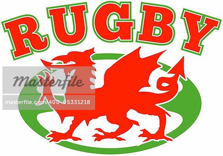 illustration of a red welsh wales dragon with rugby ball in background