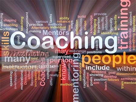 Background concept wordcloud illustration of coaching glowing light