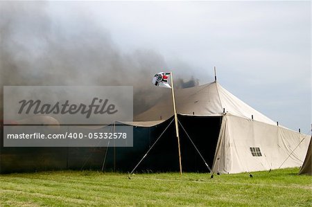 Burning army tent from world war