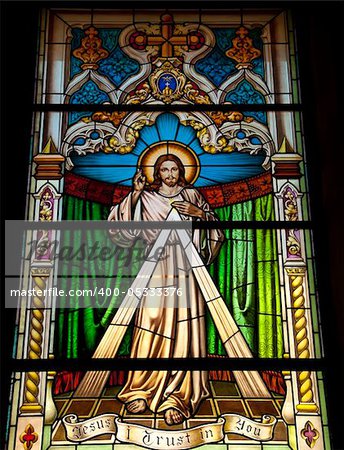 A stained glass window in Gibraltar showing the Lord Jesus Christ