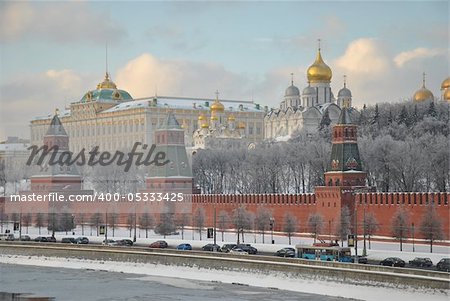 The red brick walls of famous Kremlin in Moscow with its churches