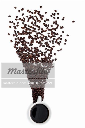 A cup of coffee with coffee beans scattered around it on a white background