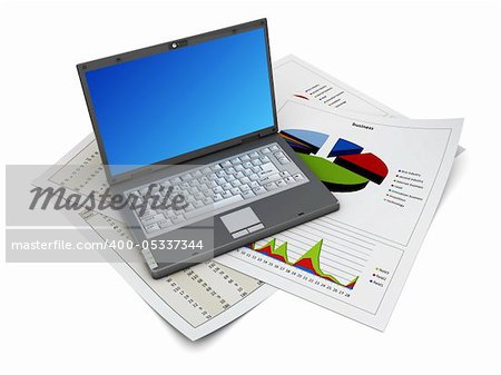 3d illustration of laptop computer over business prints