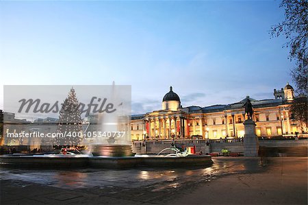 National Gallery seen from Trafalgar Square at dusk