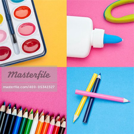 Art Supplies on Multi Colored Background Creativity and The Arts Concept Image.