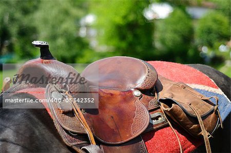 Close-up of a horse wearing a brown leather western saddle. Horizontal shot