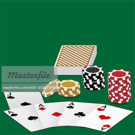 Playing Cards - Four Aces and Poker Chips On Green Table