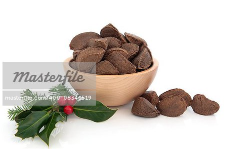 Brazil nuts in a wooden bowl with winter holly berry and pine fir leaf sprig isolated over white background.