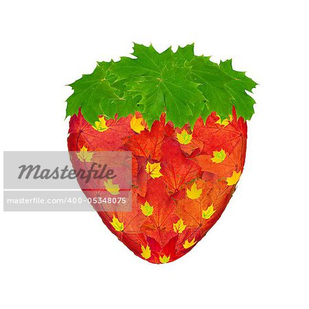 Strawberry made from autumn maple leaves isolated on white