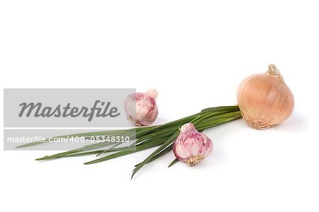 onion and garlic isolated on white background