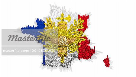 Illustration of france with coat of arms and flag on white background with shadow