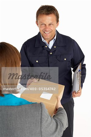 Courier Handing Over A Parcel To An Office Worker