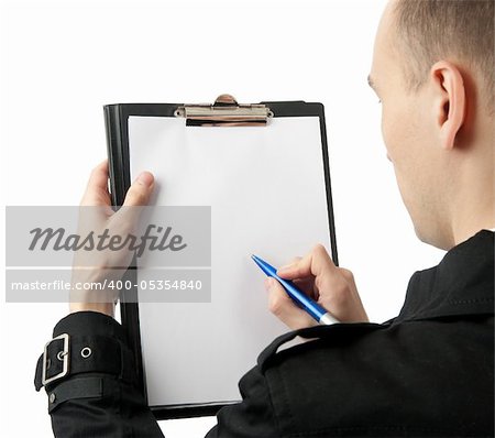 Businessman writing on a blank paper isolated over white background