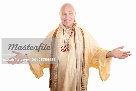 Smiling guru with open arms over white background