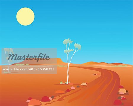 an illustration of an australian outback landscape with orange mountains rocks and gum trees under a hot blue summer sky