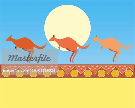 an illustration of three kangaroos with blue sky and a yellow sun on an abstract aboriginal background