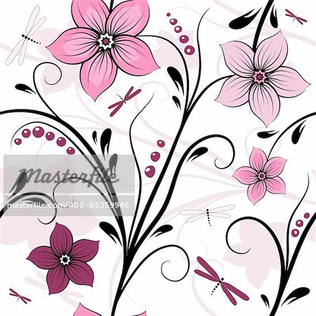 White seamless floral pattern with pink-purple flowers and dragonflies (vector)