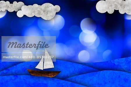 Sailboat, sea and clouds, illustration