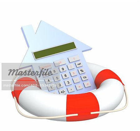 Conceptual image - calculation of the domestic finance. Calculator and lifebuoy. Objects isolated over white