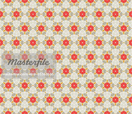 Geometrical vector pattern (seamless) with stars and flowers in orange, red, grey, green