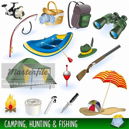 A collection of different illustrations : camping, hunting and fishing images.