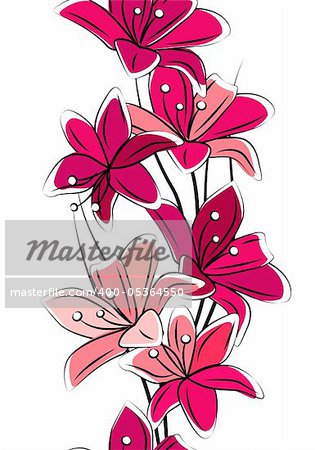 Seamless vertical border with red lilies on white