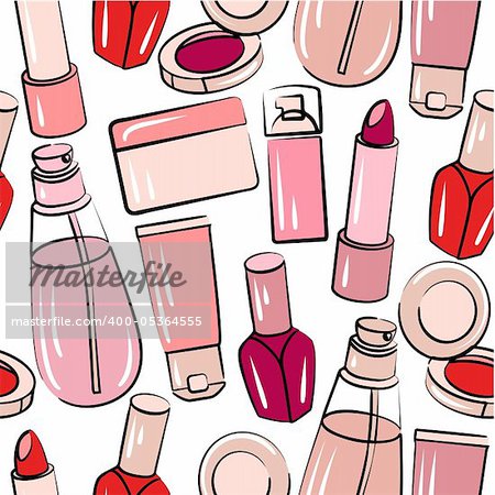 Seamless pink pattern with various stylized cosmetics