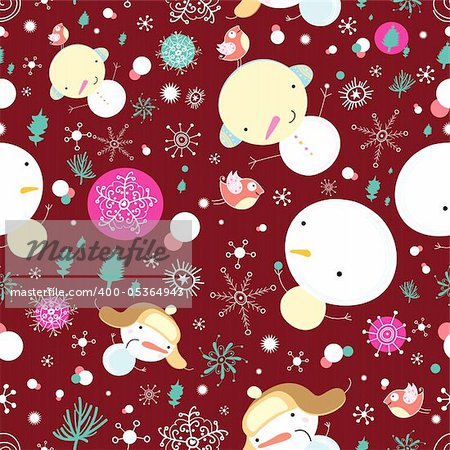 seamless pattern of bright funny snowmen on burgundy background with snowflakes and Christmas trees