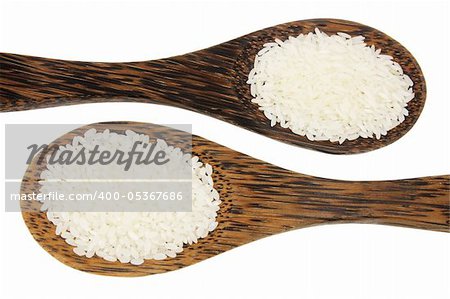 Rice on Wooden Spoons with White Background
