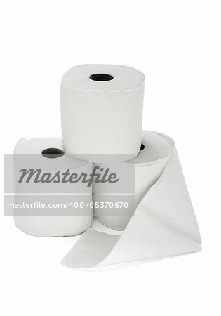 Three toilet rolls arranged on white background