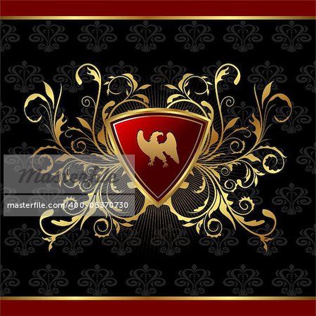 Illustration gold floral packing with heraldic elements - vector