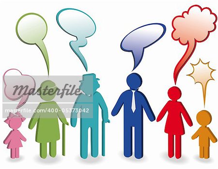 Community, people chat, family icon. Person vector woman, old man, child, grandpa, grandfather, grandmother. Generation character. Communication illustration with speak bubble, speech balloon. 3d