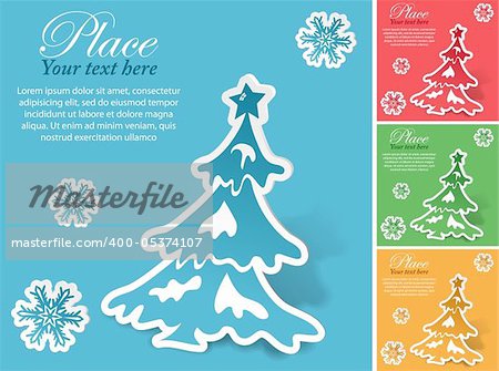 Christmas sticker with tree and snowflake in different colors, vector illustration