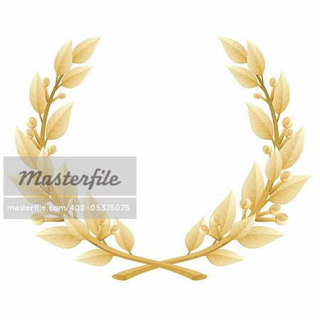 Detailed vector illustration of a gold laurel wreath award. Represents a victory, achievement, honor, quality product, or success. Ornate leaf sections. Isolated on a white background.