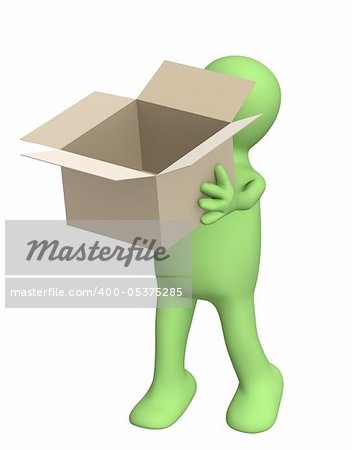 Puppet with empty opened box. Isolated over white