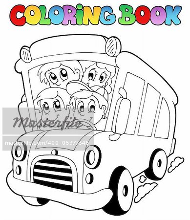 Coloring book with bus and children - vector illustration.