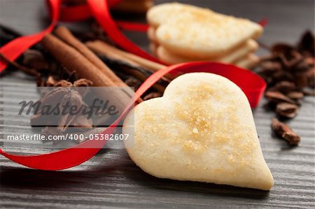 Heart shaped homemade butter cookies with aromatic spices.