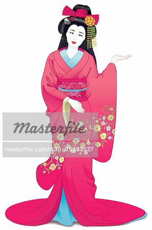 Welcome from Japanese geisha in ethnic kimono