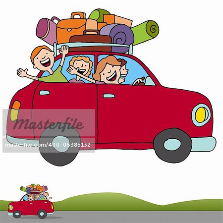 An image of a family on a road trip with a horizontal banner.