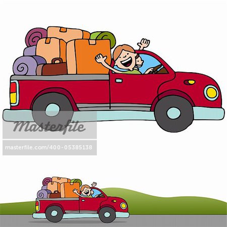 An image of a people riding in a pickup truck with luggage and boxes.