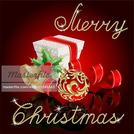 Christmas background with red ball, ribbon, bells and gift