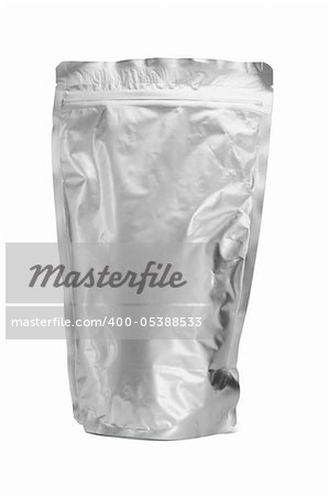 Sealed aluminum bag standing on white background