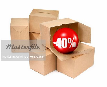 sale concept -40%, cardboard boxes and 3D sale ball, photo does not infringe any copyright