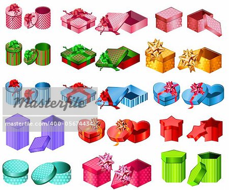 Big collection of gift boxes. Different shape and color.