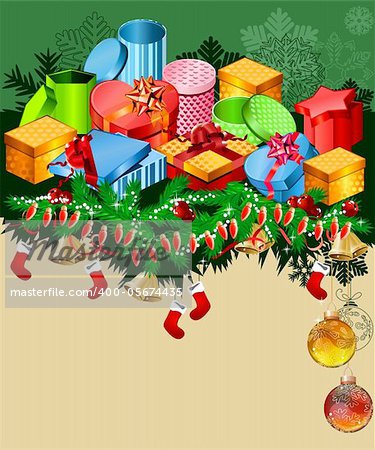 Christmas greeting card with gift boxes and santa socks