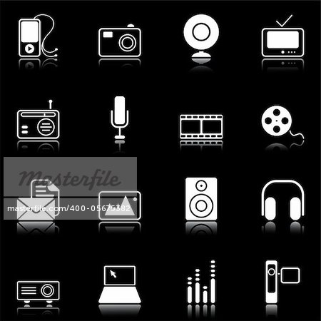 Mass Media icons reflected on black background