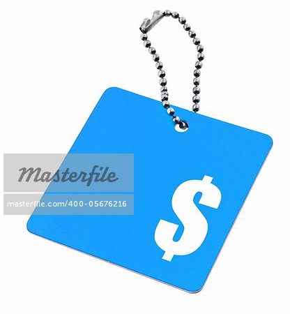 blue tag with dollar symbol and copy space for price, background is pure white
