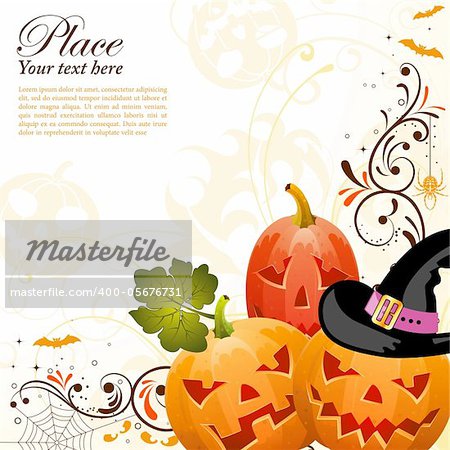 Halloween background with bat, pumpkin, floral, vector illustration