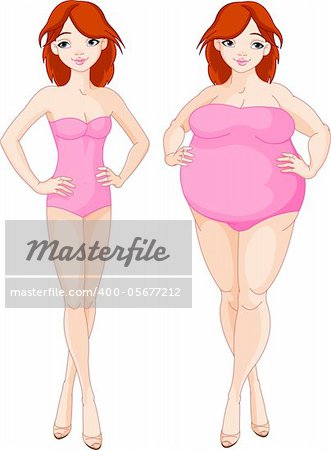 Illustration of pretty girl before and after diet
