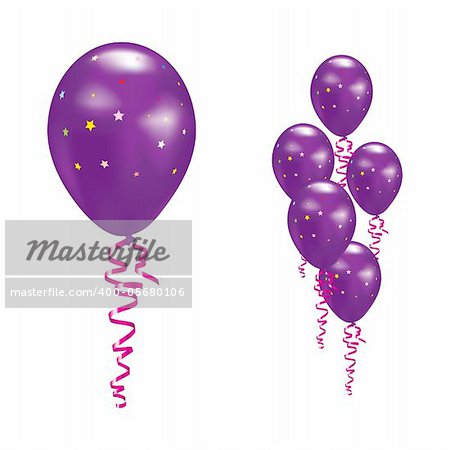 Violet Balloons with stars and ribbons. Vector illustration.
